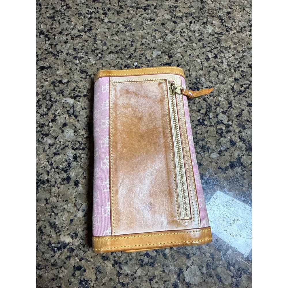 Dooney & Bourke Pink Monogram Canvas Trifold Wallet Tan Leather Trim Vintage - Picture 5 of 5